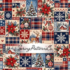 Christmas Seamless Pattern, Patchwork Repeat Pattern, Plaid Fabric Design, Holiday Digital Paper