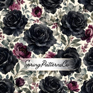 May include: A floral pattern featuring large black roses and smaller burgundy flowers with green and gray foliage on a cream background. The text "Spring Patterns Co" is displayed across the image.