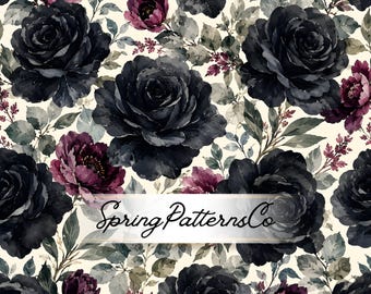 Dark Floral Seamless Pattern, Black Rose Repeat Pattern, Moody Botanical Fabric Design
