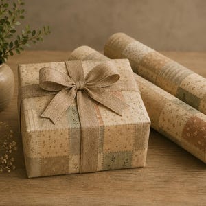 May include: A square gift box wrapped in beige paper with a patchwork floral pattern and a wide burlap ribbon tied in a bow, accompanied by two matching rolls of wrapping paper featuring the same muted earth-toned grid design.