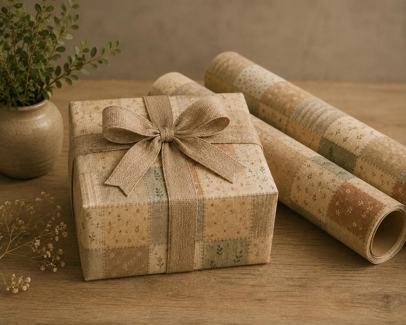 May include: A square gift box wrapped in beige paper with a patchwork floral pattern and a wide burlap ribbon tied in a bow, accompanied by two matching rolls of wrapping paper featuring the same muted earth-toned grid design.