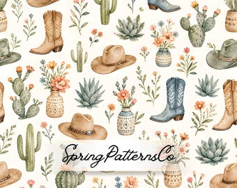 Western Cowgirl Seamless Pattern, Desert Cowboy Repeat Pattern, Boho Fabric Design