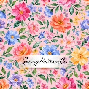 May include: A seamless floral pattern on a light pink background featuring vibrant pink, orange, blue, and yellow flowers with green leaves. A white rectangular overlay in the center displays the black cursive text SpringPatternsCo.