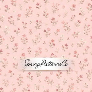 May include: A repeating pattern of small pink and white flowers with green stems and leaves on a light pink background. The text "Spring Patterns Co" is displayed across the image.