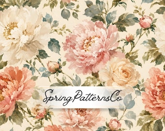 Vintage Floral Seamless Pattern, Peony Repeat Pattern, Fabric Design, Digital Paper