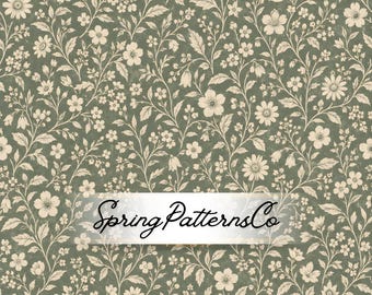 Vintage Floral Seamless Pattern, Botanical Digital Paper, Sage Green Fabric Print, Repeat Paper