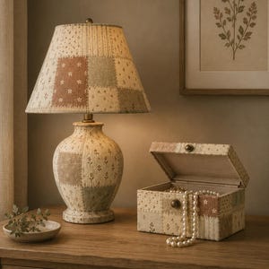 May include: A table lamp and a rectangular jewelry box featuring a matching patchwork pattern in muted tones of beige, sage green, and terracotta with small floral motifs. The lamp has a conical shade, and the box contains a string of white pearls.