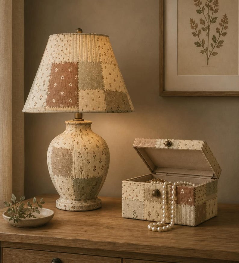 May include: A table lamp and a rectangular jewelry box featuring a matching patchwork pattern in muted tones of beige, sage green, and terracotta with small floral motifs. The lamp has a conical shade, and the box contains a string of white pearls.