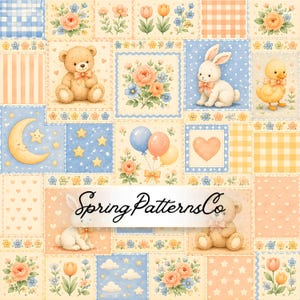 Può includere: Un motivo digitale composto da un patchwork di quadrati con illustrazioni di orsacchiotti, conigli, un anatroccolo, fiori, palloncini, una luna crescente, stelle e cuori in tonalità pastello blu, arancione e crema. Il testo SpringPatternsCo è centrato.