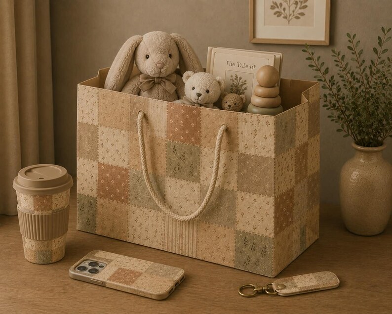 May include: A rectangular paper gift bag with a patchwork floral pattern in muted beige, brown, and green tones, featuring cream rope handles. Inside are a plush rabbit, two teddy bears, a wooden stacking toy, and a book titled The Tale of.