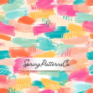 May include: Abstract pattern with brushstrokes in shades of pink, orange, yellow, teal, and blue. The design includes white scribbles and the text "Spring Patterns Co" on a white banner.