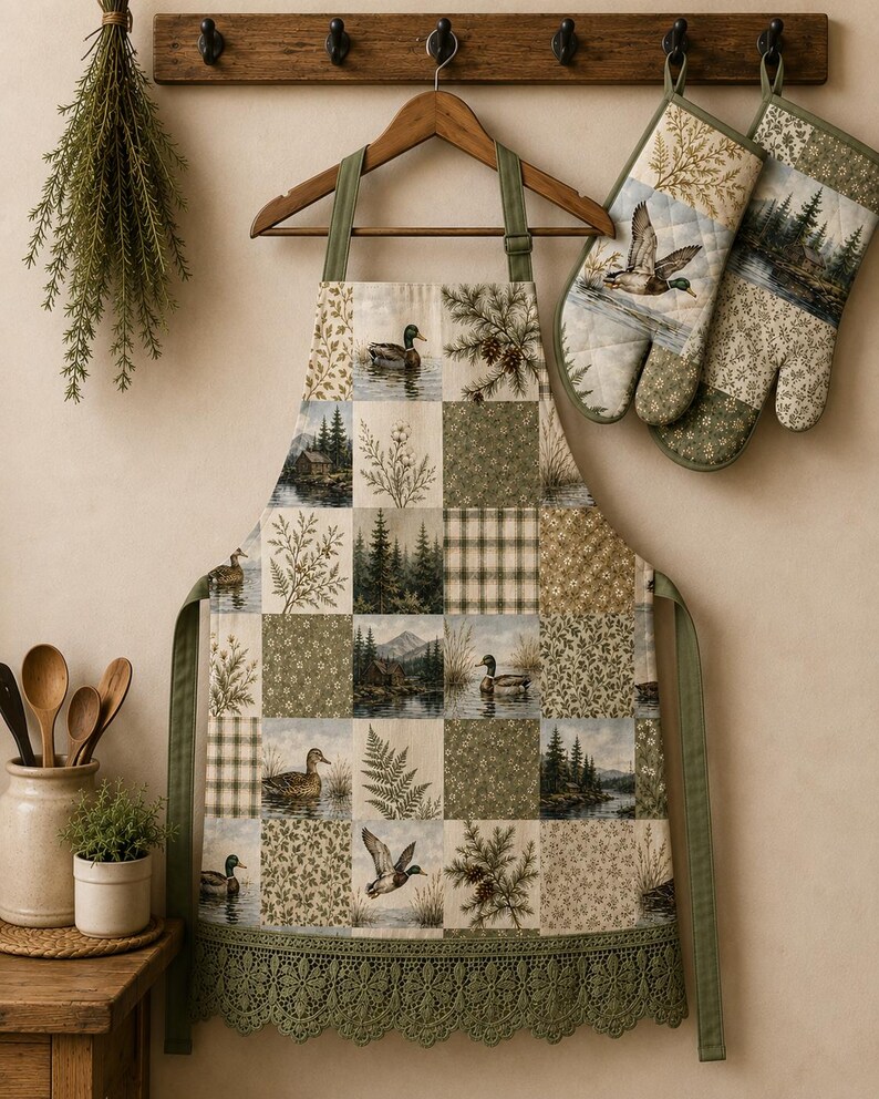 May include: A patchwork apron and matching oven mitts featuring a nature-themed print with ducks, pine trees, mountains, and floral patterns in shades of green, brown, and cream. The apron has olive green straps and a decorative lace trim at the hem.