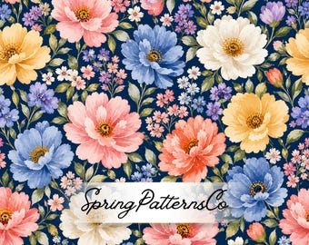 Navy Floral Seamless Pattern, Colorful Flower Repeat Pattern, Vintage Fabric Design