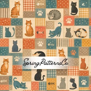 May include: A patchwork fabric pattern featuring various cats, paw prints, and fish skeletons in orange, blue, and cream tones. The repeating design includes checkered and polka dot squares with the text SpringPatternsCo overlaid in black script.