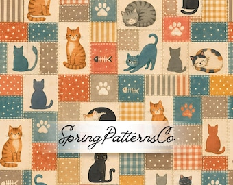 Cat Patchwork Seamless Pattern, Vintage Cat Fabric Design, Repeat Pattern, Digital
