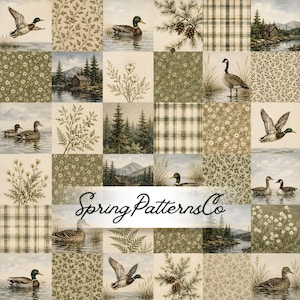 May include: A fabric print featuring a grid of squares with illustrations of ducks, pine branches, cabins, mountains, and floral patterns in shades of green, brown, and cream. The text SpringPatternsCo is overlaid in black script across the center.