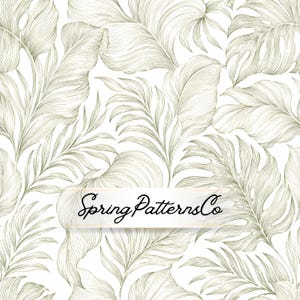 May include: A seamless pattern featuring detailed line art of tropical leaves in shades of green against a white background. The text "Spring Patterns Co" is displayed on a banner across the image.