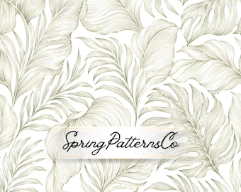 Neutral Tropical Leaf Seamless Pattern, Botanical Line Art Repeat Pattern, Minimal Fabric Design