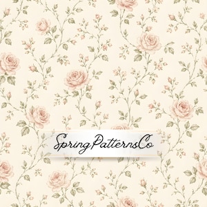 May include: A repeating pattern of blush pink roses and buds with green leaves on a cream background. The design features climbing vines and the text "Spring PatternsCo" in a cursive font.