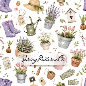 May include: A repeating pattern featuring watercolor illustrations of gardening items including purple polka-dot boots, a straw hat, lavender, tulips, a birdhouse, watering cans, flower pots, gloves, and twine, with the text SpringPatternsCo.