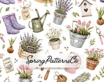 Gardening Seamless Pattern, Garden Tools Repeat Pattern, Fabric Design, Digital Paper