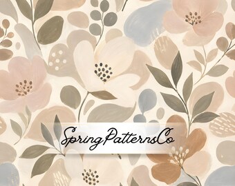 Neutral Floral Seamless Pattern, Abstract Flower Repeat Pattern, Boho Fabric Design