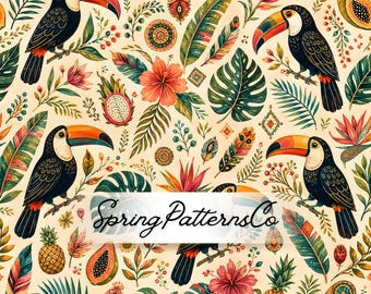 Tropical Toucan Seamless Pattern, Exotic Bird Repeat Pattern, Fabric Design, Digital Paper