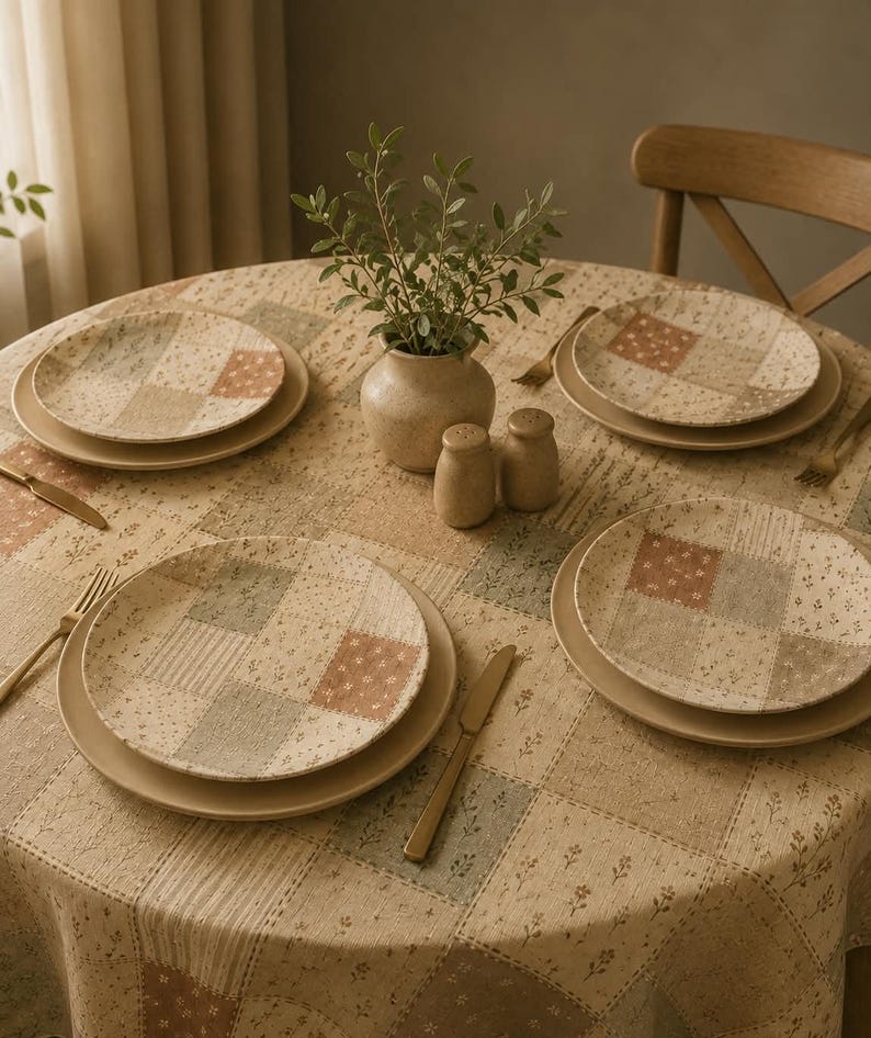 May include: A round dining table set with four place settings, each featuring a patterned plate on a solid plate, a gold-toned knife and fork, a central beige vase with green foliage, and two small beige shakers on a patchwork tablecloth.