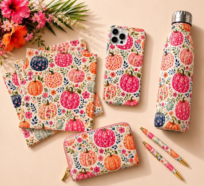 May include: A collection of items featuring a floral pumpkin pattern including a stack of square notebooks, a smartphone case, a metal water bottle with a silver cap, a zippered rectangular wallet, and two ballpoint pens, all with matching designs.