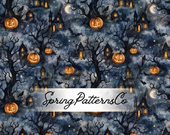 Haunted Halloween Pumpkin Forest Seamless Pattern, Repeat Pattern, Fabric Design, Digital Paper