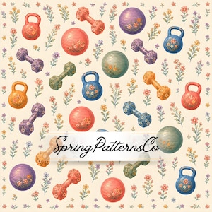 Puede incluir: Un patrón repetitivo sobre un fondo crema que presenta mancuernas, pesas rusas y pelotas de ejercicio coloridas decoradas con pequeños motivos florales. El texto SpringPatternsCo está centrado horizontalmente en el medio de la imagen.