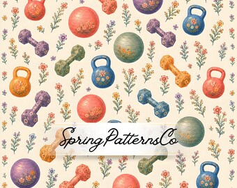 Floral Fitness Seamless Pattern, Kettlebell Dumbbell Repeat Pattern, Fabric Design, Digital Paper
