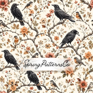 May include: A repeating pattern featuring black crows and smaller brown birds perched on intricate tree branches with orange flowers and berries on a cream background. The text SpringPatternsCo is centered in a white horizontal rectangular overlay.