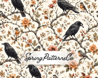 Halloween Raven Seamless Pattern, Gothic Floral Repeat Pattern, Fabric Design, Digital Paper