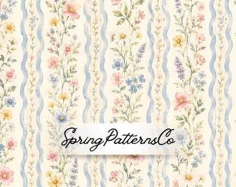 Floral Stripe Seamless Pattern, Cottagecore Repeat Pattern, Watercolor Fabric Design
