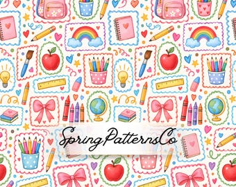 Back to School Seamless Pattern, School Supplies Digital Paper, Classroom Fabric Print, Repeat Pattern