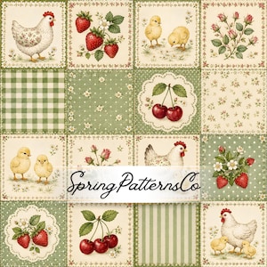 May include: A grid of square fabric patterns featuring illustrations of white chickens, yellow chicks, red strawberries, cherries, and pink roses on cream and green backgrounds with gingham, polka dot, and striped motifs. Text reads SpringPatternsCo.