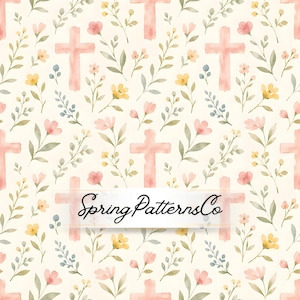 May include: Watercolor pattern featuring pink crosses, flowers, and foliage on a cream background. The design includes pink, yellow, and blue floral elements, with the text "Spring PatternsCo" across the center.