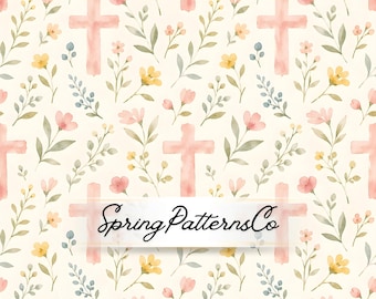Pink Cross Seamless Pattern, Christian Repeat Pattern, Floral Fabric Design