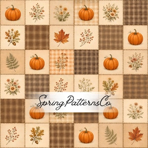 May include: A fabric pattern featuring a grid of squares with illustrations of orange pumpkins, brown autumn leaves, berries, ferns, and wildflowers, interspersed with brown plaid squares. The text SpringPatternsCo is centred.