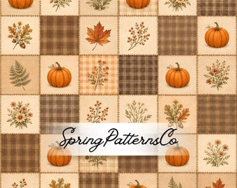 Halloween Pumpkin Patchwork Seamless Pattern, Repeat Pattern, Fabric Design, Fall Digital Paper