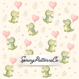 May include: A repeating pattern featuring cartoon alligators holding pink heart-shaped balloons. The alligators are light green with blue and white scarves. The background is a cream color with small hearts and floral accents. The text "Spring Patterns Co" is on a banner.