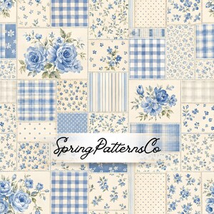 May include: A patchwork fabric design featuring a repeating pattern of blue and white floral bouquets, gingham checks, stripes, and polka dots on a cream background. The text SpringPatternsCo is centered across the middle of the image.
