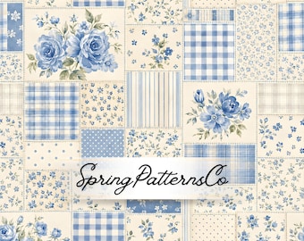 Blue Floral Patchwork Seamless Pattern, Gingham, Roses, Cottagecore Fabric Design, Digital Paper