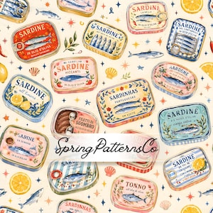 May include: A repeating pattern of vintage sardine tins in various colors, including red, blue, and yellow, with text labels. The design features illustrations of sardines, lemons, and decorative elements on a cream background. The text "Spring Patterns Co" is also visible.