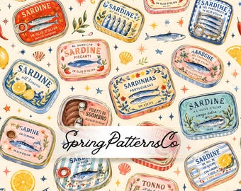 Sardine Seamless Pattern, Seafood Repeat Pattern, Coastal Fabric Design Digital Paper