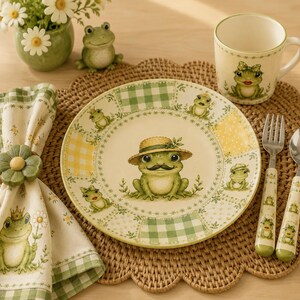 May include: A ceramic dinnerware set featuring a frog theme, including a plate with a frog wearing a straw hat and moustache, a matching mug with a frog, a napkin with a frog wearing a crown, a flower napkin ring, and a fork and spoon set.