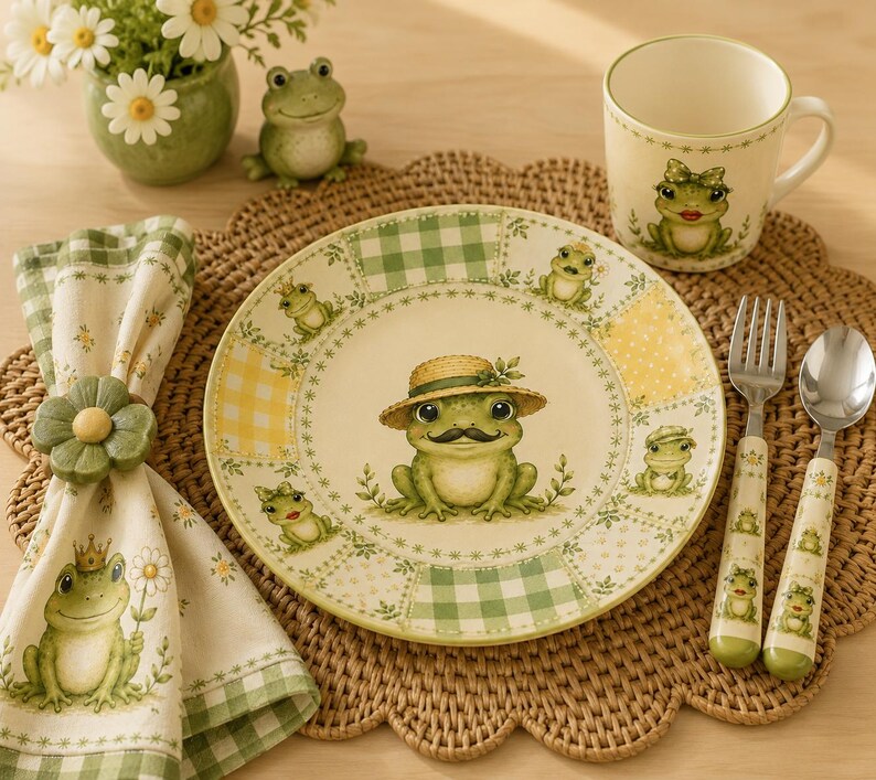 May include: A ceramic dinnerware set featuring a frog theme, including a plate with a frog wearing a straw hat and moustache, a matching mug with a frog, a napkin with a frog wearing a crown, a flower napkin ring, and a fork and spoon set.