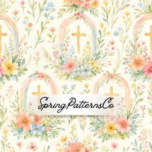 Op de afbeelding: Waterverf bloemenpatroon met pastelkleurige bloemen, kruisen en bogen. Het ontwerp bevat roze, gele en blauwe bloemen met groene bladeren op een crèmekleurige achtergrond. De tekst "Spring Patterns Co" wordt weergegeven.