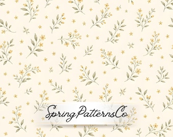 Yellow Ditsy Floral Seamless Pattern, Minimal Wildflower Repeat Pattern, Cottagecore Fabric Design, Digital Paper